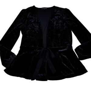 Kim & Cami Black Crushed Velvet Tie Front Peplum Dressy Jacket Women's Small